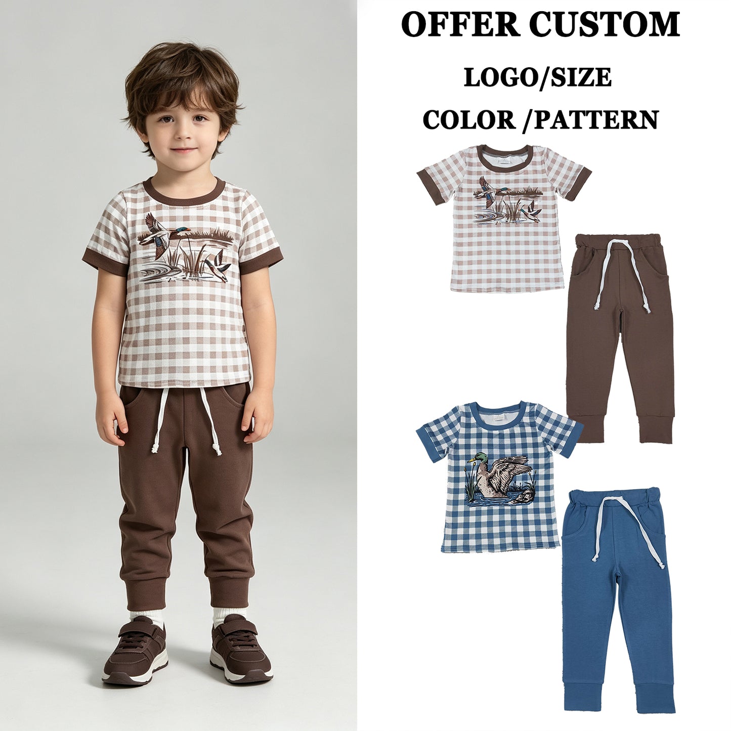 RTS NO MOQ Sibling milk silk Baby Boys Checked Ducks Top Pockets Jogger Hunting Clothes Sets