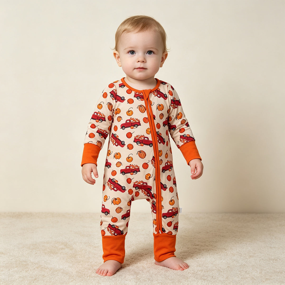 NEW RTS NO MOQ milk silk LR3234 Baby Boys Pumpkins Trucks Fall Two Way Zip Convertible Romper