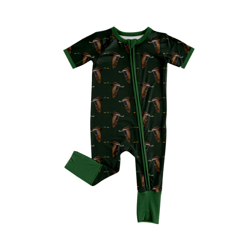 X1.13 Preorder (moq 5)Baby Boys Green Ducks Hunting Two Way Zip Convertible Rompers