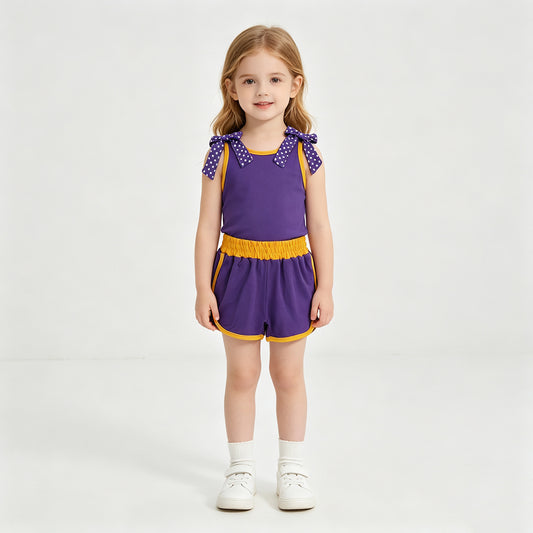 NEW RTS NO MOQ cotton GSSO3826 Baby Girls Purple Polka Dot Print Bow Sleeveless Top Shorts Sets