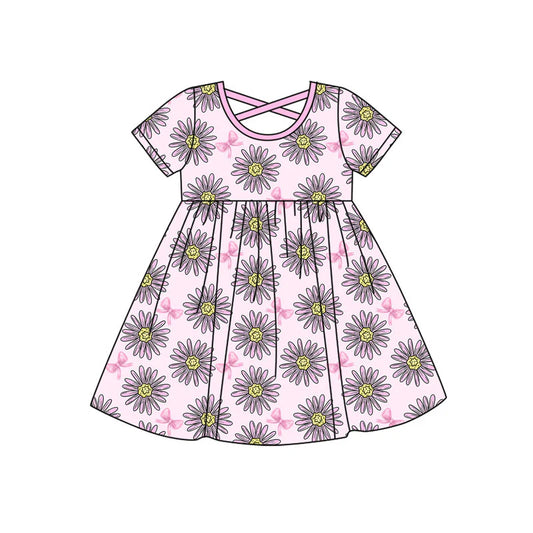 X923Preorder (moq 5)Baby Girls Pink Sunflowers Bows Knee Length Dresses