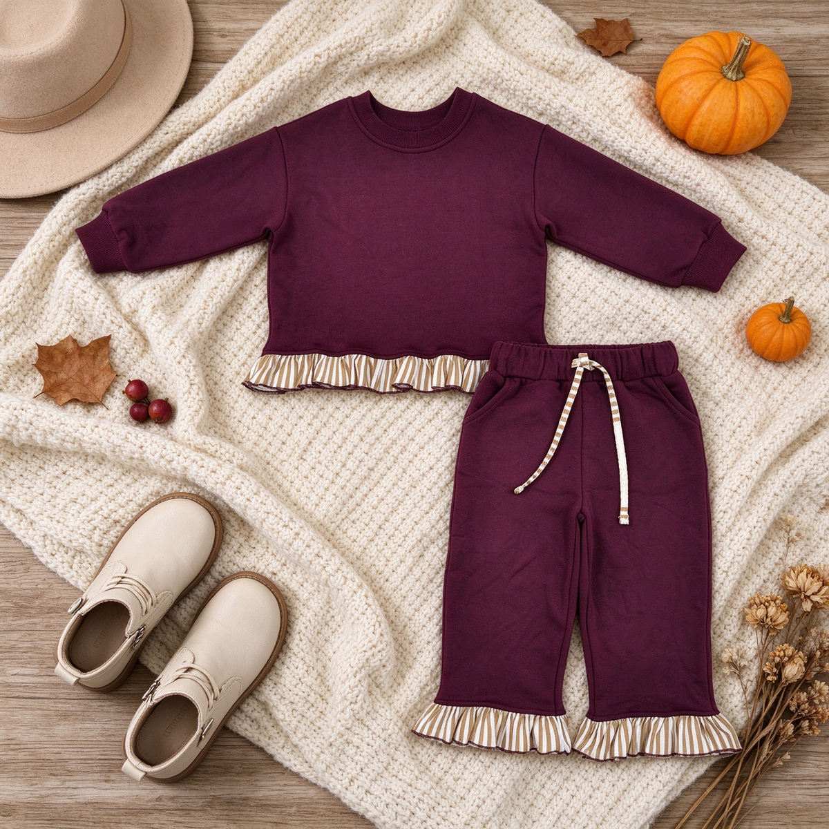 NEW RTS NO MOQ fleece fabric GLP3647 Baby Girls Maroon Long Sleeve Shirts Top Pockets Ruffle Pants Clothes Set