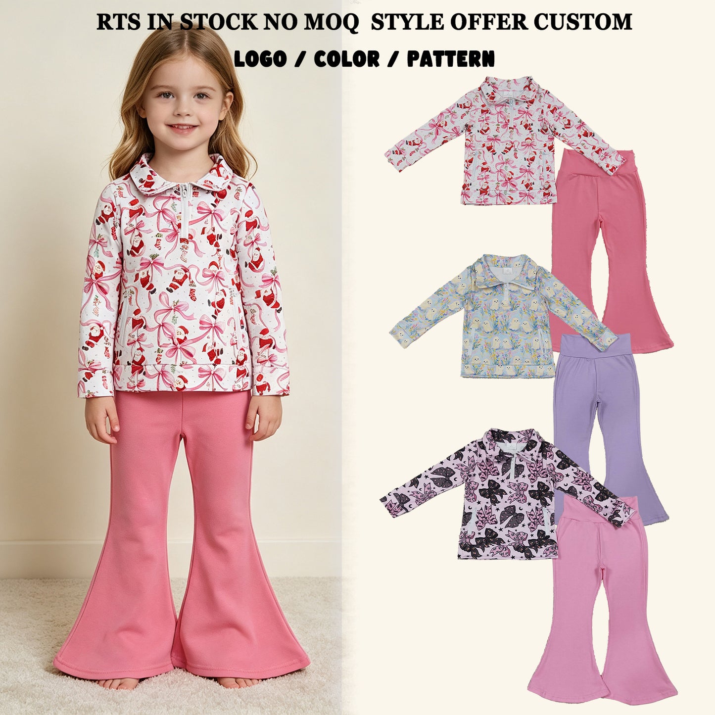 RTS NO MOQ Sibling milk silk Baby Girls Zip Pockets Pullovers Flare Pant Halloween Clothes Set
