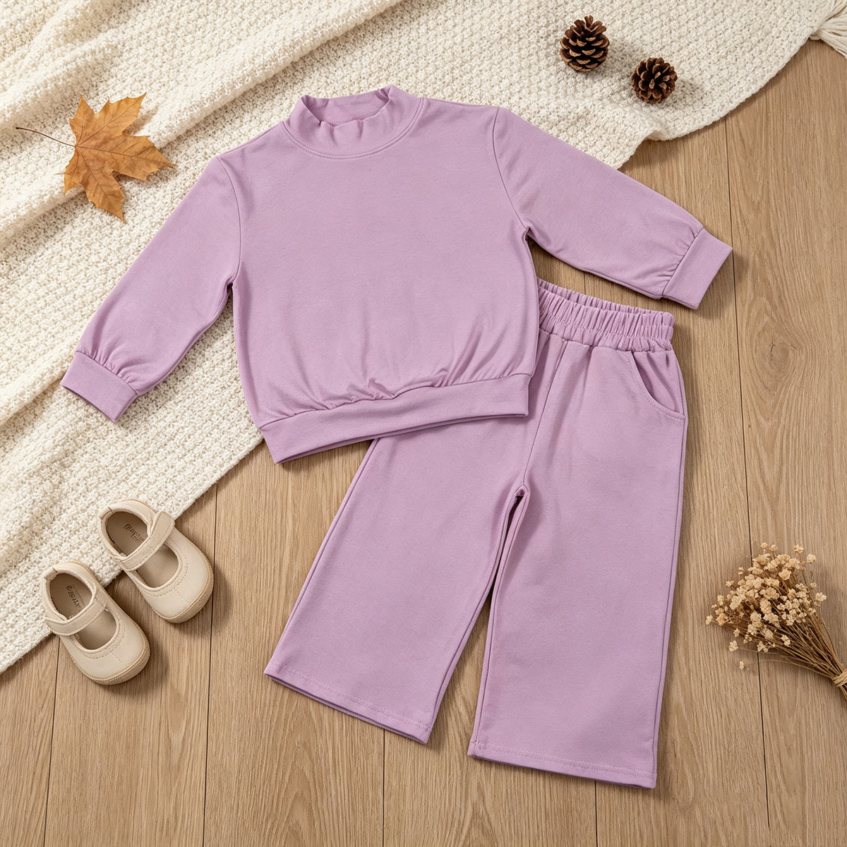 NEW RTS NO MOQ milk silk GLP3470 Baby Girls Lavender Long Sleeve Top Pockets Flare Pant Pajamas Clothes Set
