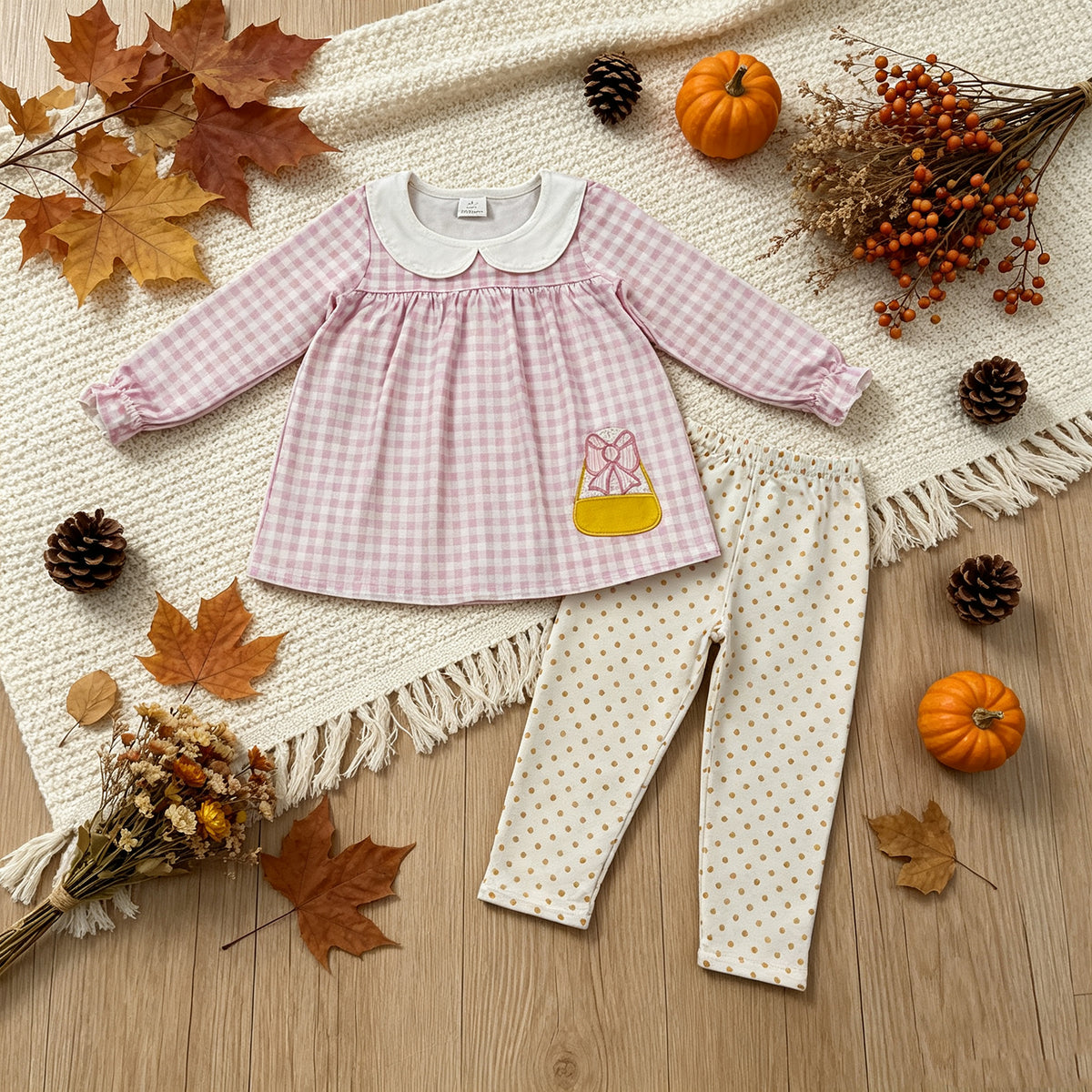 RTS NO MOQ milk silk GLP3320 Embroidery Bow Candy Baby Girls Pink Checked Tunic Leggings Halloween Clothes Sets