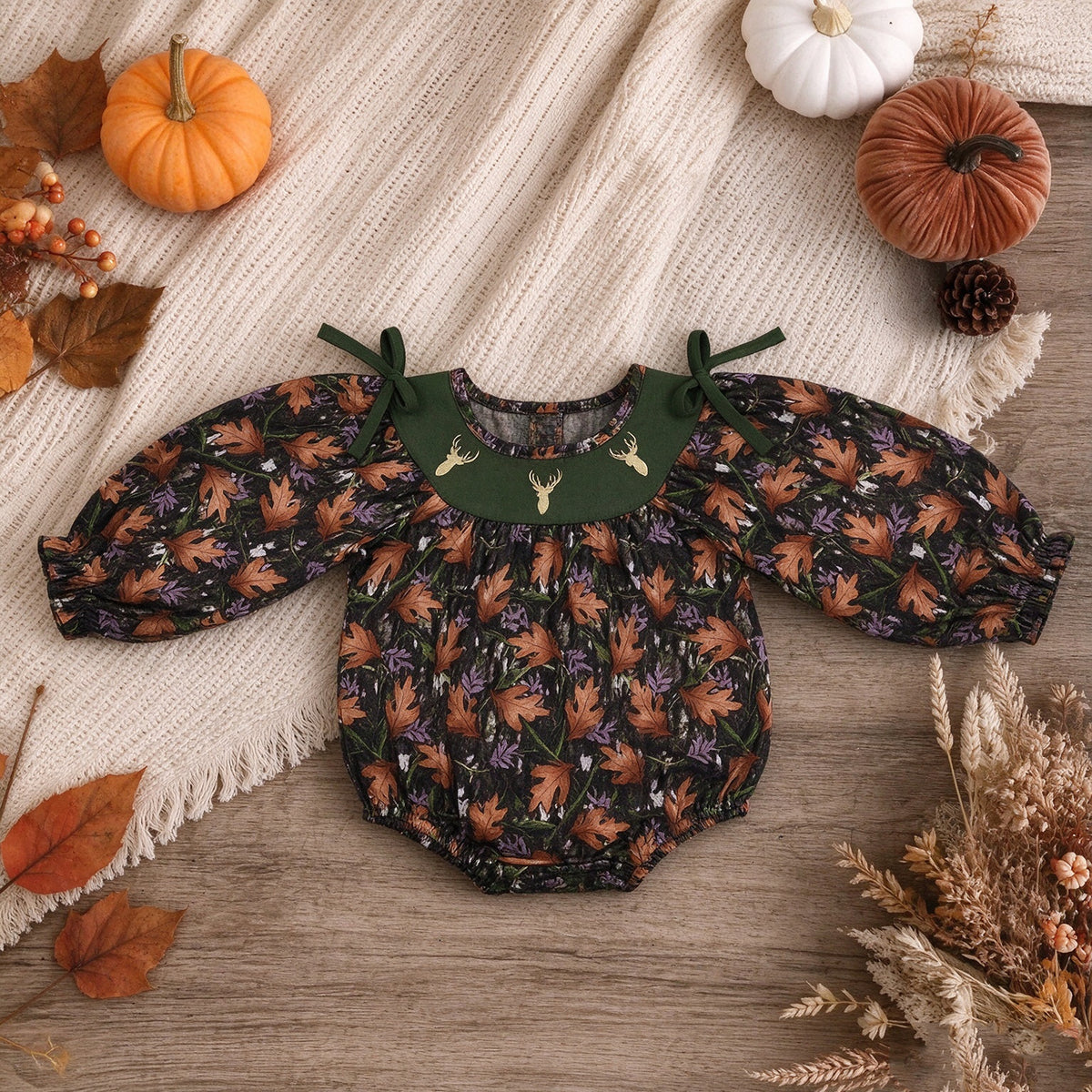 NEW RTS NO MOQ milk silk LR2728 Embroidery Deer Baby Girls Green Leaves Camo Hunting Bows Romper