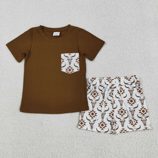 5.7 BSSO1319 Alpine bull head geometric pattern pocket brown short sleeve white shorts set