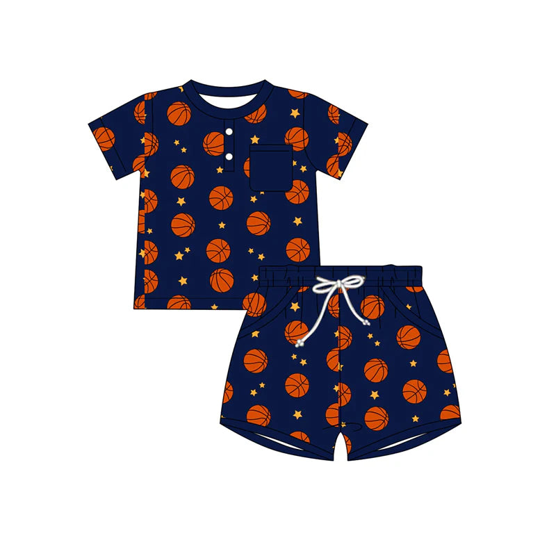 X1.14  Preorder (moq 5)Baby Boys Basketballs Stars Button Top Pockets Shorts Team Clothes Sets