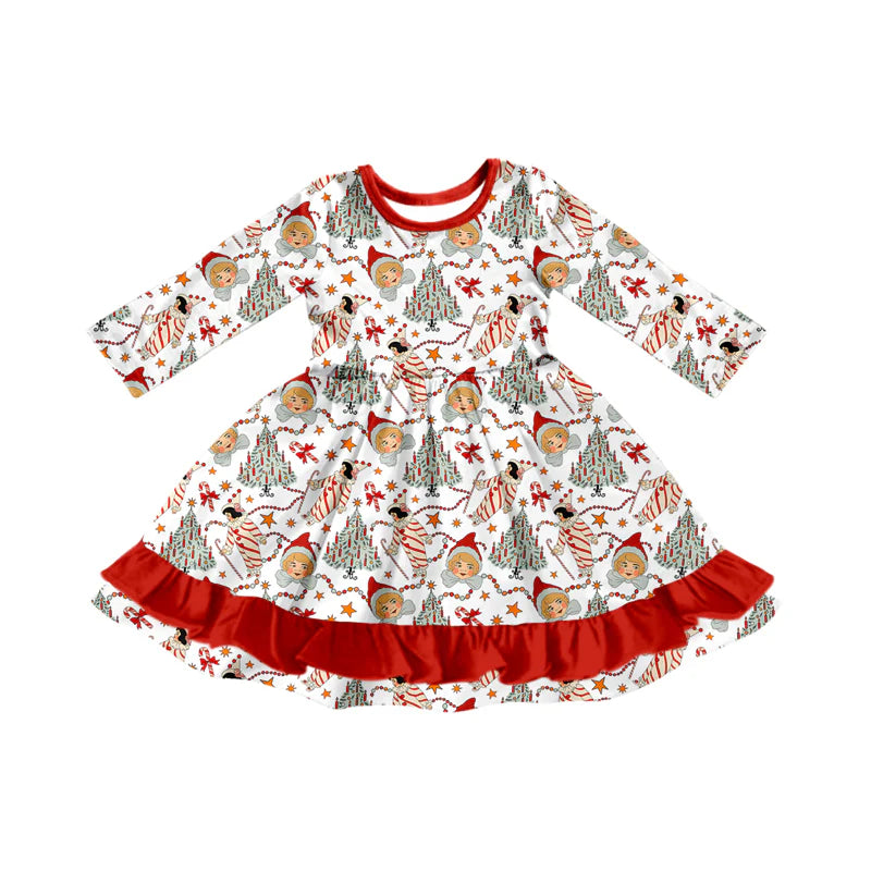 7.12Preorder (moq 5)Baby Girls Long Sleeves Candy Cane Bows Trees Ruffle Knee Length Dresses
