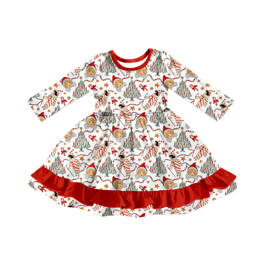 7.12Preorder (moq 5)Baby Girls Long Sleeves Candy Cane Bows Trees Ruffle Knee Length Dresses