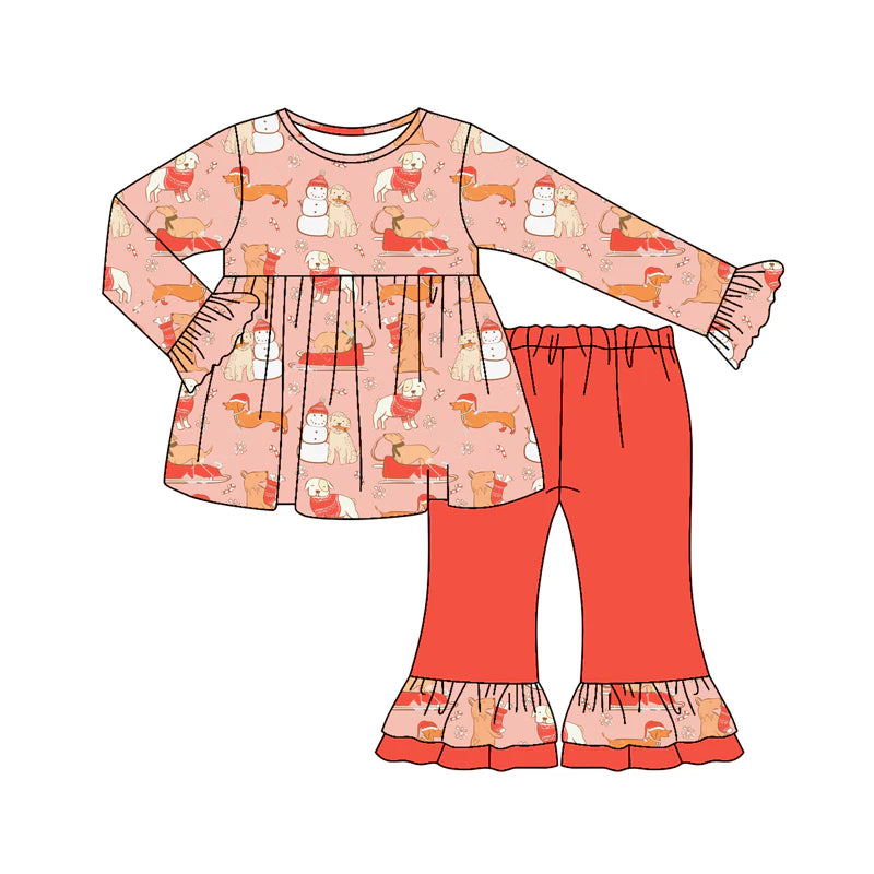 7.16Preorder (moq 5)Baby Girls Peach Long Ruffle Sleeves Snowman Dogs Plaid Tunic Flare Pant Set