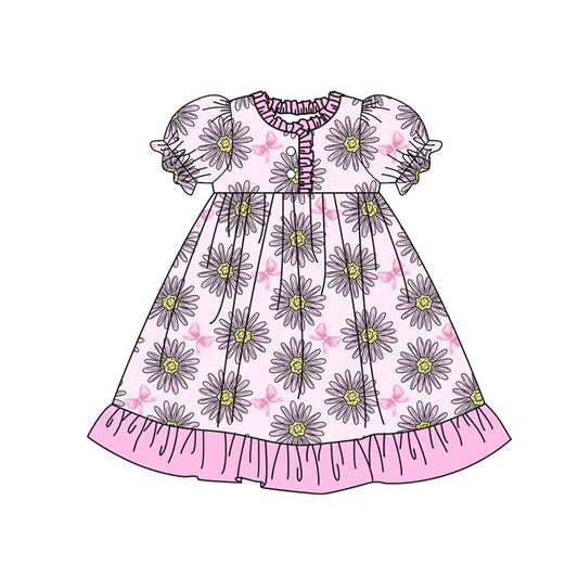 X922Preorder (moq 5)Baby Girls Pink Sunflowers Bows Button Ruffle Knee Length Dress