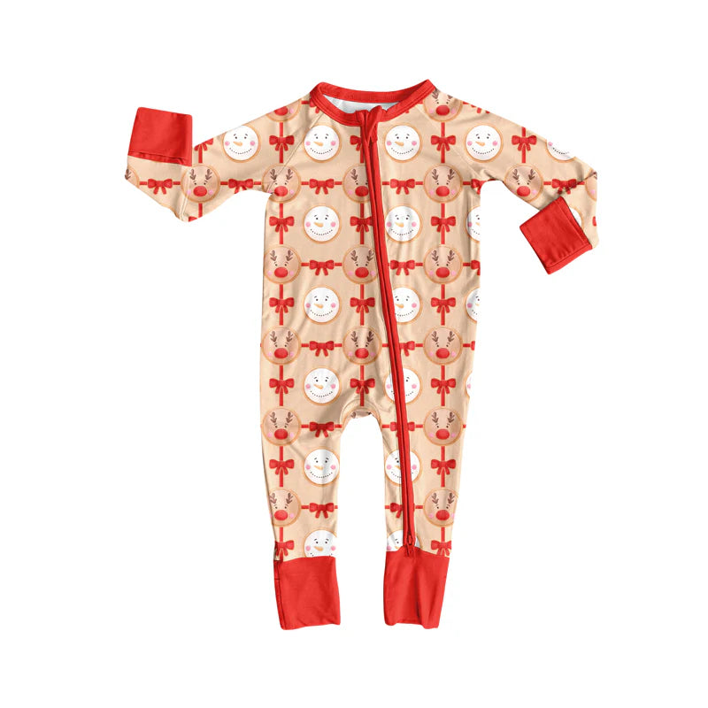 X8.15Baby Infant Christmas Reindeer Bows Zipper Footie Rompers
