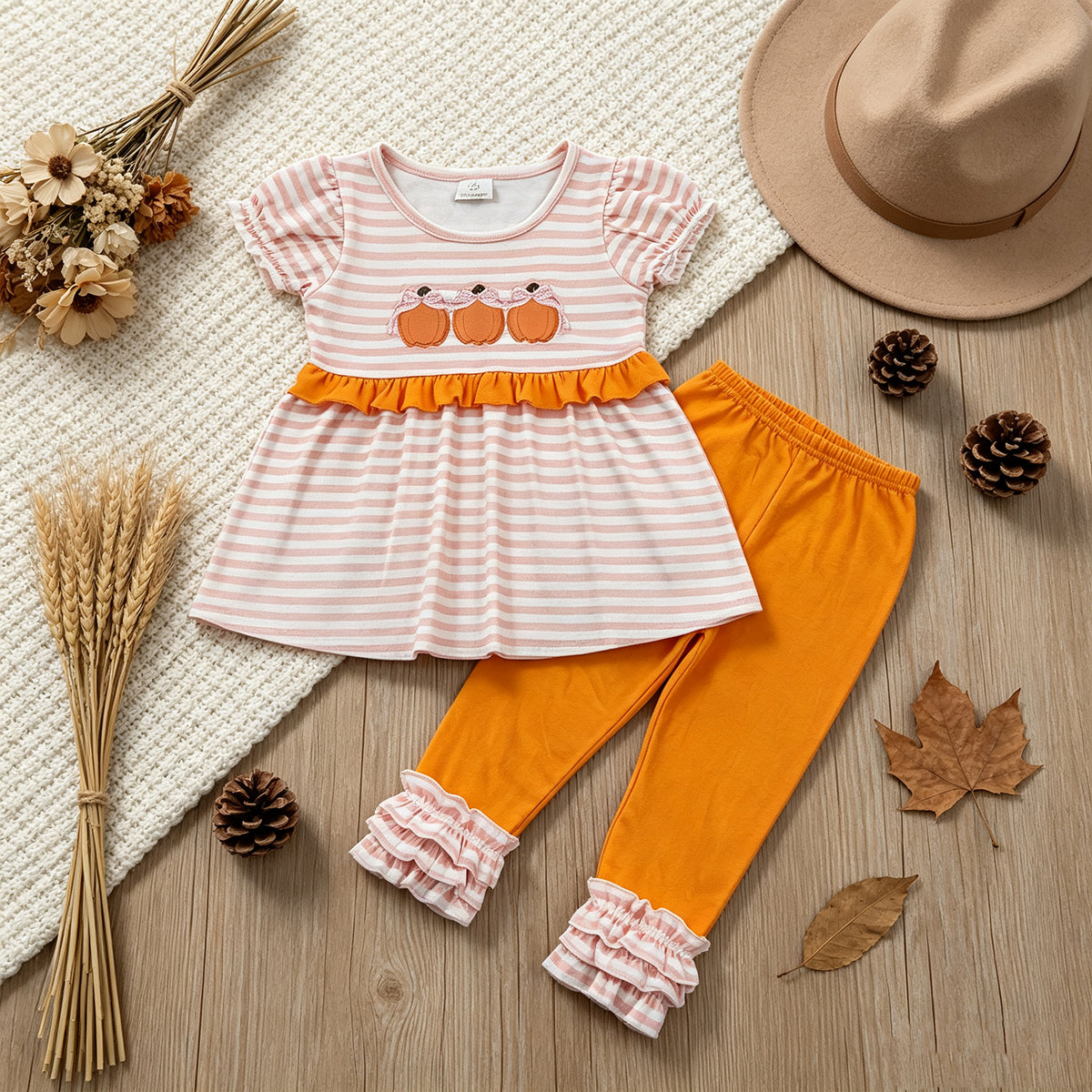 NEW RTS NO MOQ milk silk GSPO2337 Embroidery Bow Pumpkins Baby Girls Stripe Tunic Ruffle Pant Fall Clothes Sets