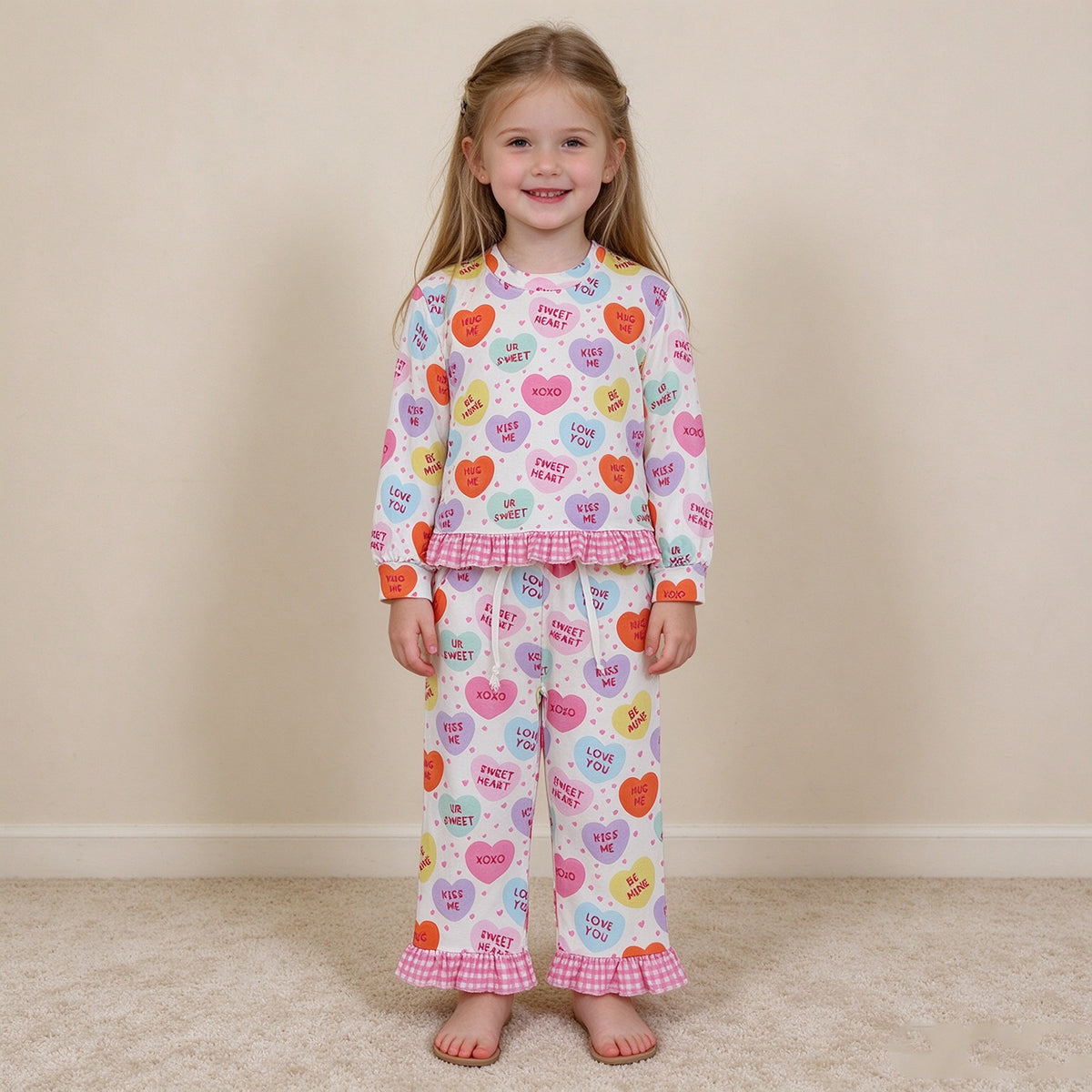 NEW RTS NO MOQ milk silk GLP3676 Baby Girls Sweet Hearts Top Pockets Ruffle Pant Valentines Clothes Set