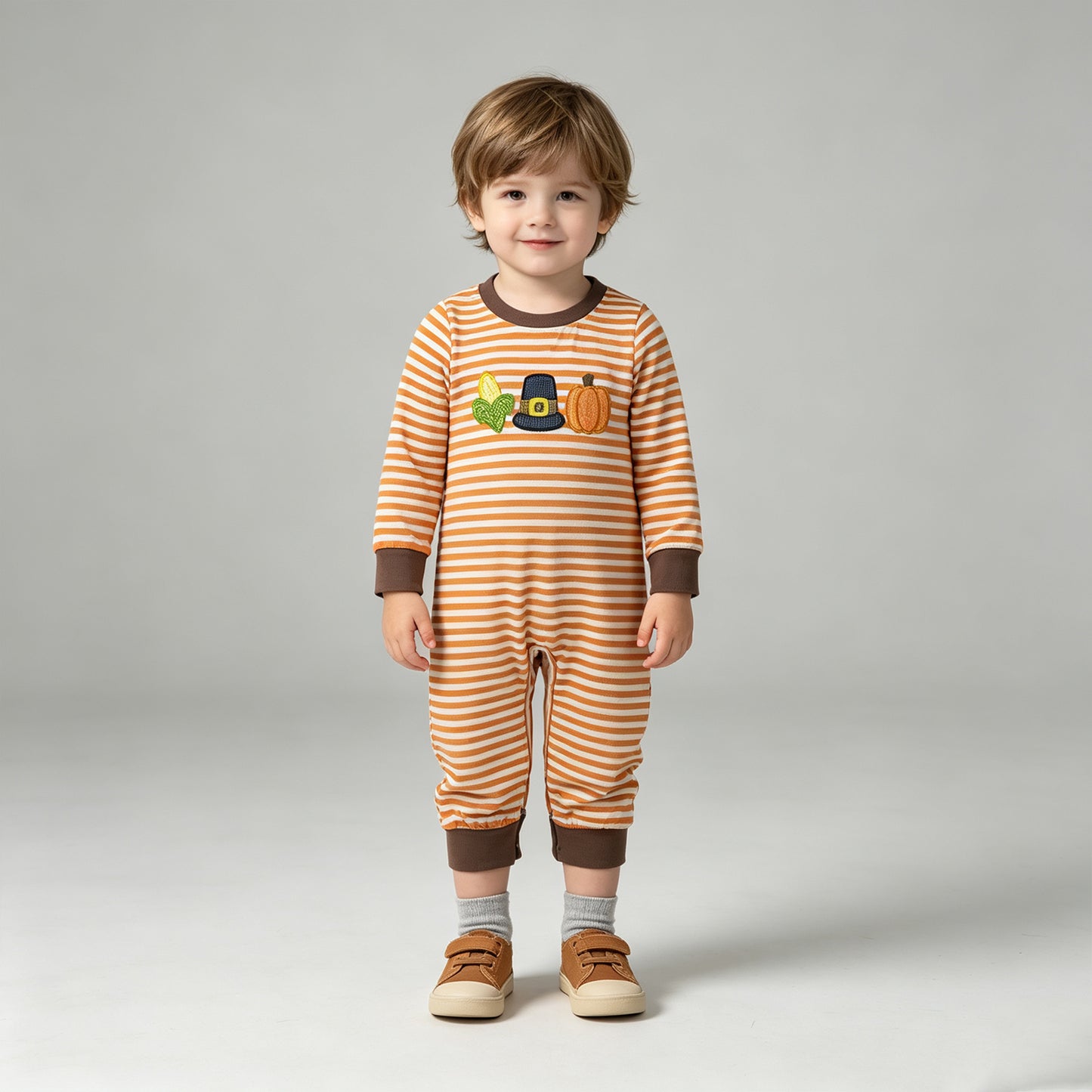 NEW RTS NO MOQ milk silk LR3037 Embroidery Baby Boys Orange Stripe Pumpkin Embroidery Long Sleeve Rompers