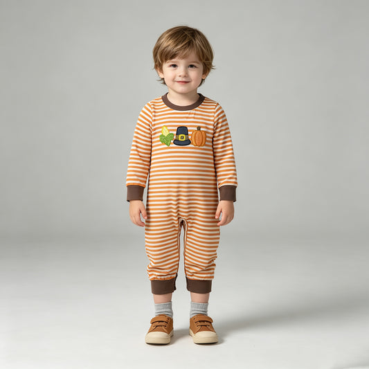 NEW RTS NO MOQ milk silk LR3037 Embroidery Baby Boys Orange Stripe Pumpkin Embroidery Long Sleeve Rompers