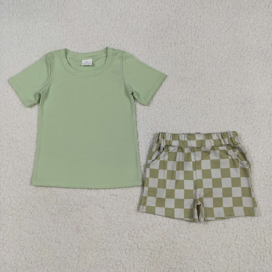 5.7 BSSO1470 Solid green short-sleeved plaid shorts set