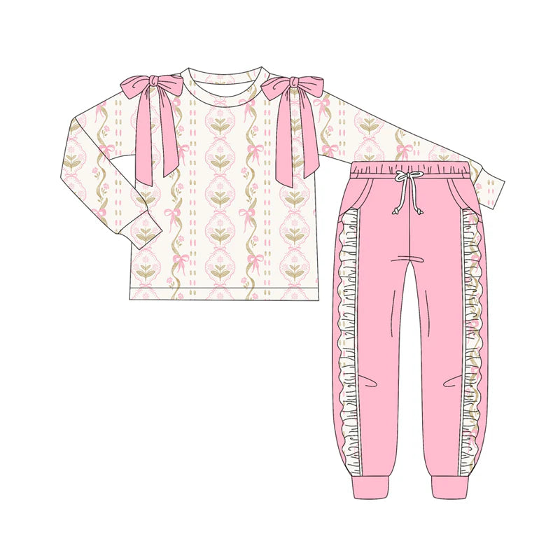7.9Preorder (moq 5)Baby Girls Long Sleeves Flower Bows Stripe Top Pockets Pant Clothes Set