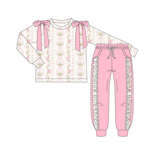7.9Preorder (moq 5)Baby Girls Long Sleeves Flower Bows Stripe Top Pockets Pant Clothes Set