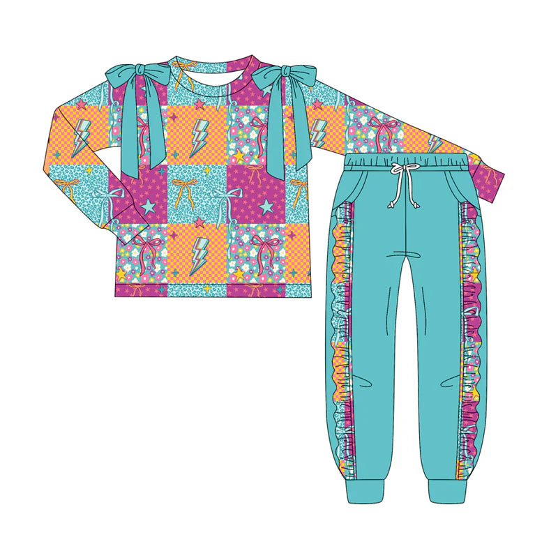 7.9Preorder (moq 5)Baby Girls Long Sleeves Bows Lights Stars Top Pockets Pant Clothes Set