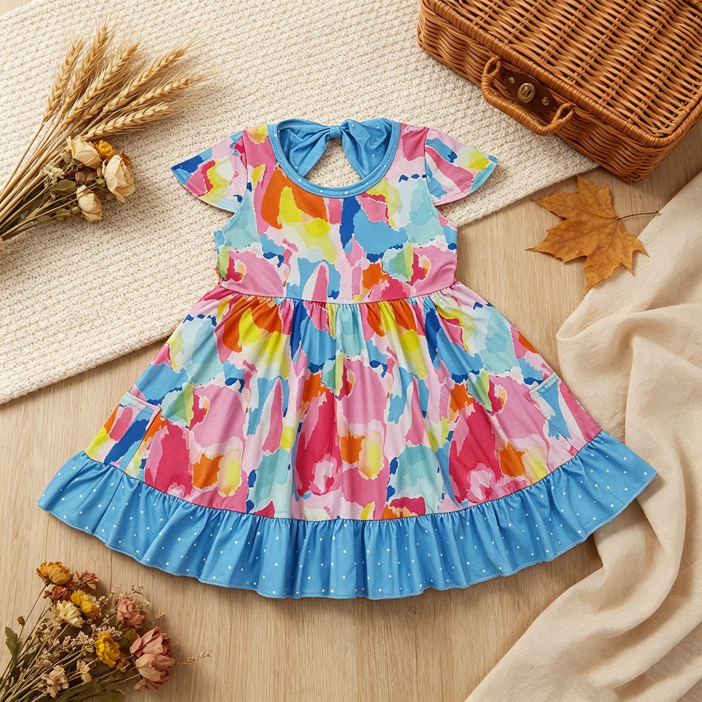 NEW RTS NO MOQ milk silk GSD2610 Baby Girls Cute Short Sleeve Watercolor Camo Print Ruffle Trim Pocket Knee Length Dress