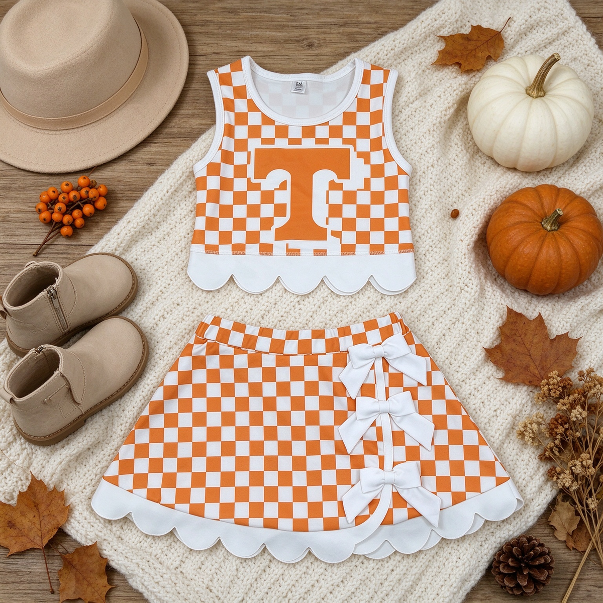 NEW RTS NO MOQ Yoga GSD4282 Baby Girls Orange Checked Bows Skort Team Yoga Scallop Set