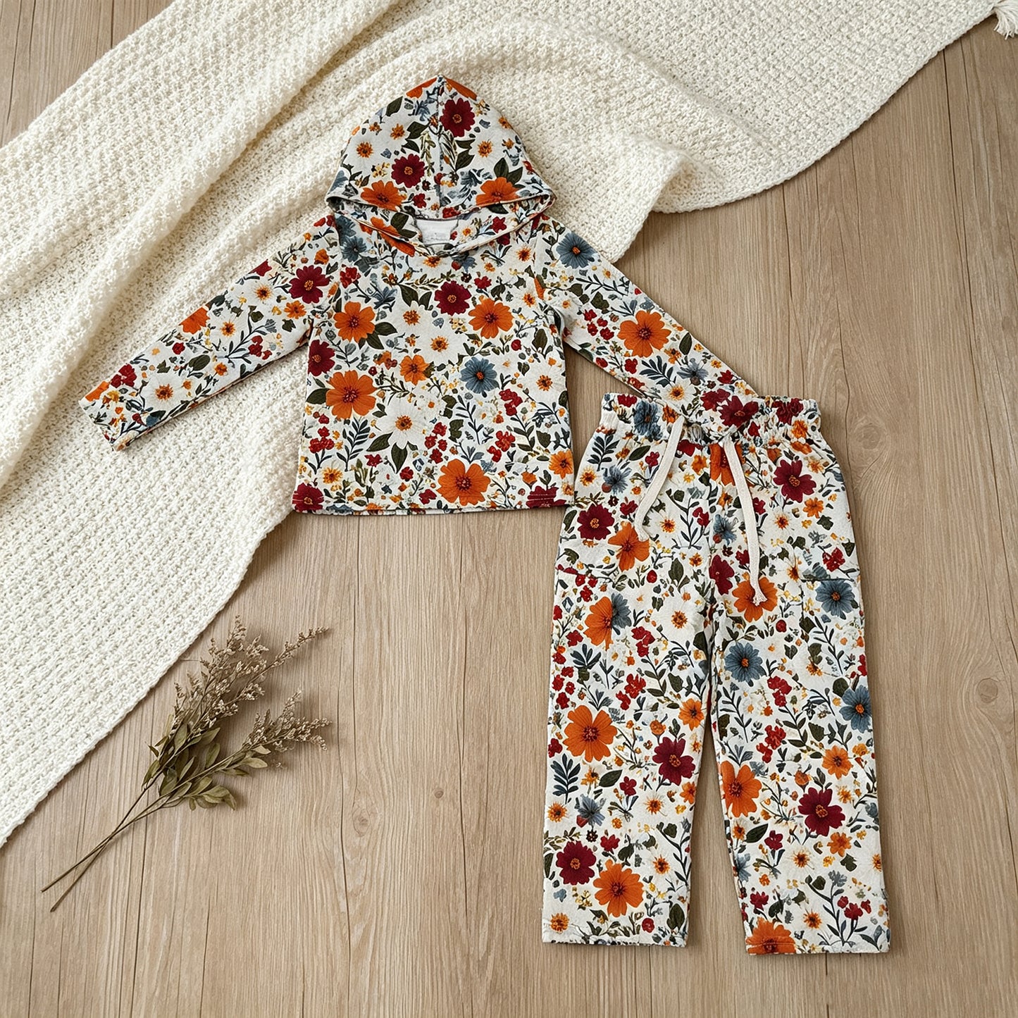 RTS NO MOQ milk silk GLP3321 Baby Girls Colorful Flowers Hoodies Pockets Straight Bottom Pant Clothes Sets