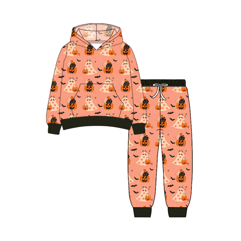 7.9Preorder (moq 5)Baby Girls Long Sleeves Ghost Pumpkins Pocket Hoodies Pant Clothes Set