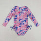 S0376 Flower scenery blue and pink zipper long-sleeved one-piece swimsuit