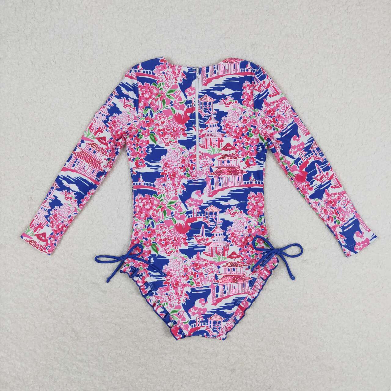 S0376 Flower scenery blue and pink zipper long-sleeved one-piece swimsuit