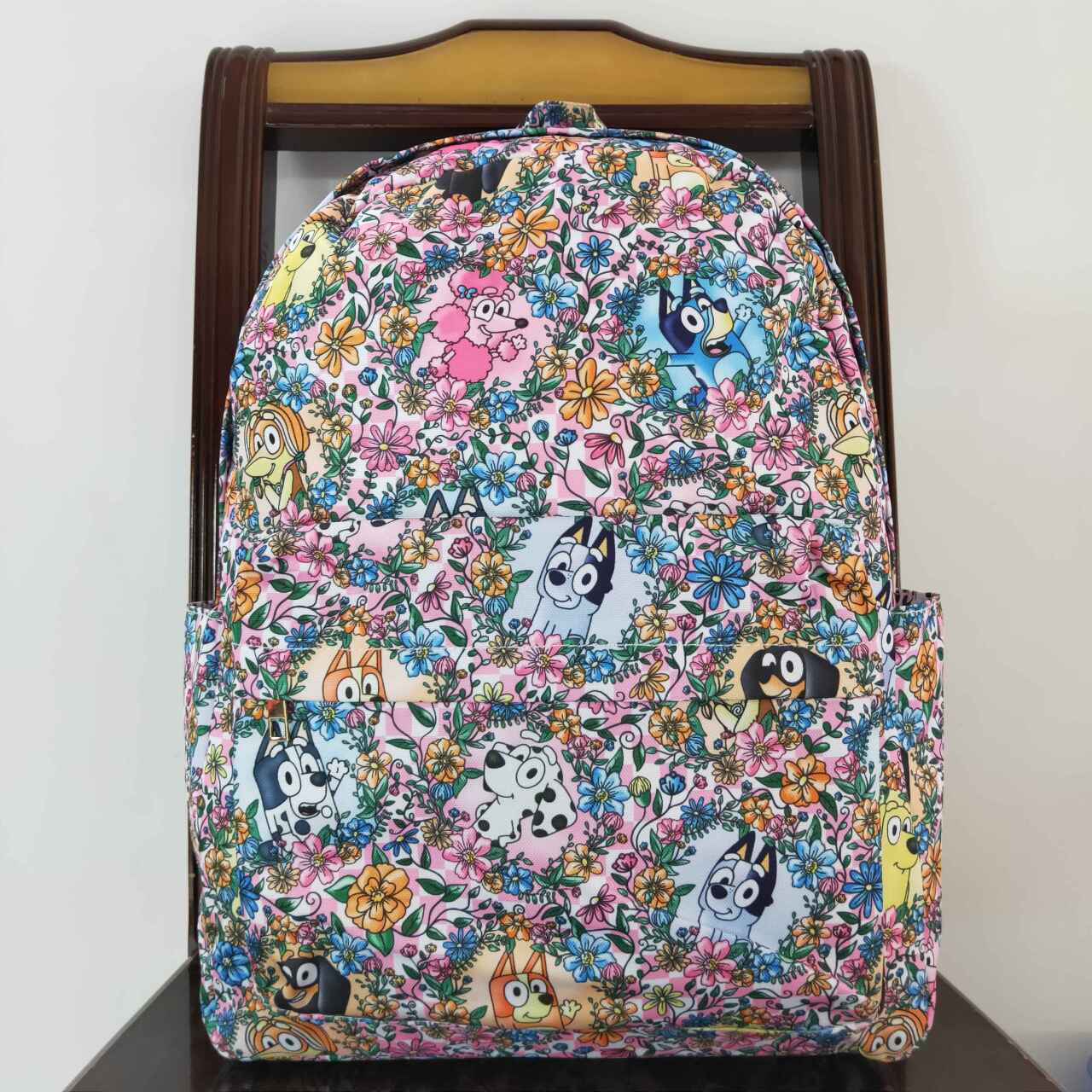 BA0188 bluey flower pink and white plaid backpack