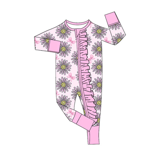 X922Preorder (moq 5)Baby Girls Pink Sunflowers Bows Ruffle Zipper Footie Rompers
