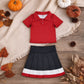 NEW RTS NO MOQ yoga fabric cotton GSD4262（ GT1728+GLK0320）Baby Girls Red Short Sleeve Yoga Active Button Polo Shirts Top Skirt Short Bottoms Set
