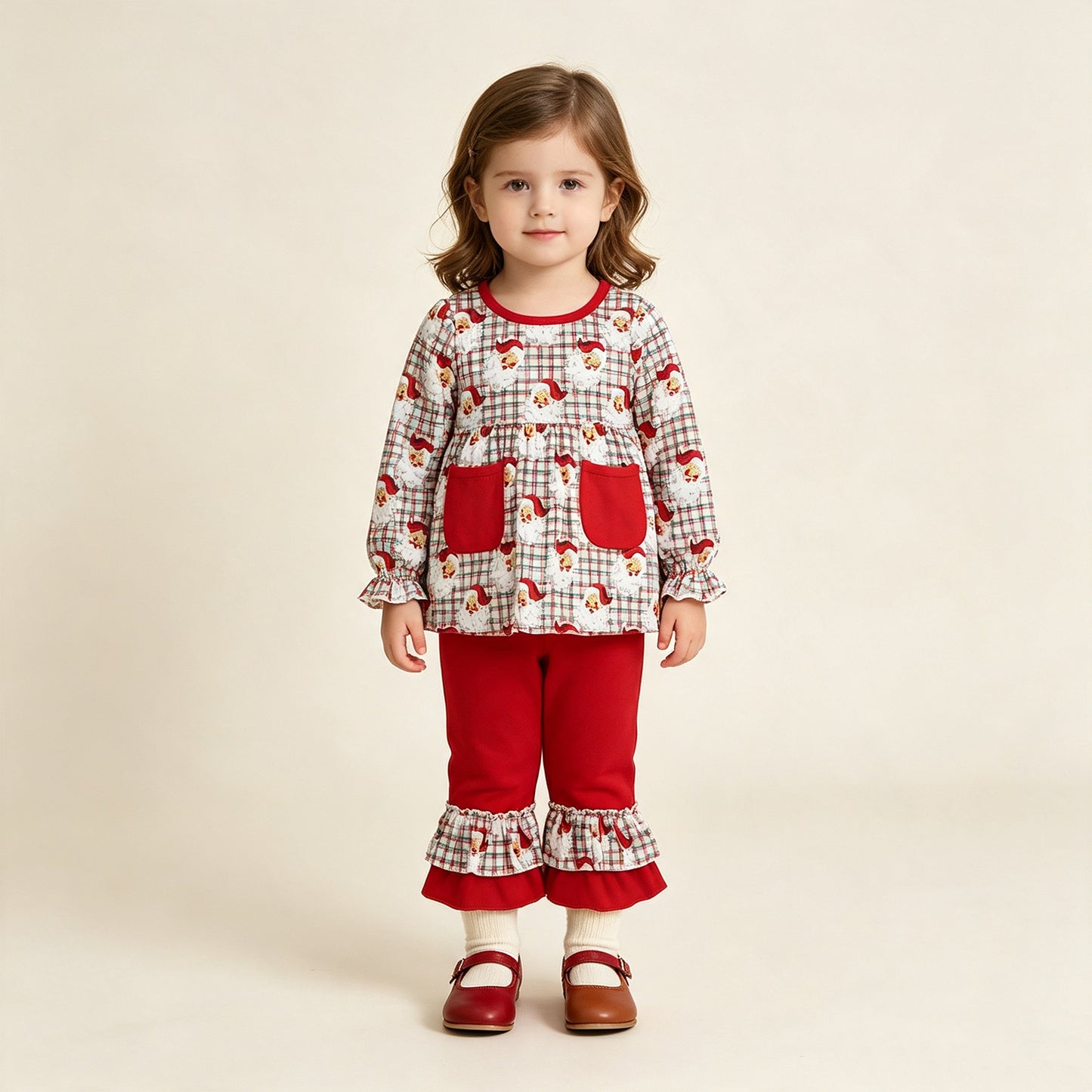 NEW RTS NO MOQ milk silk GLP3457 Baby Girls Red Green Checked Santa Print Pocket Long Sleeve Tunic Ruffle Pants Christmas Set