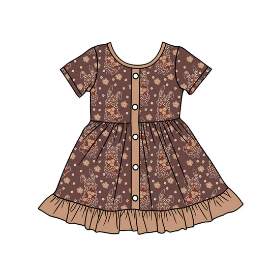 X12.17Preorder (moq 5)Baby Girls Brown Flowers Rabbits Button Easter Ruffle Knee Length Dress