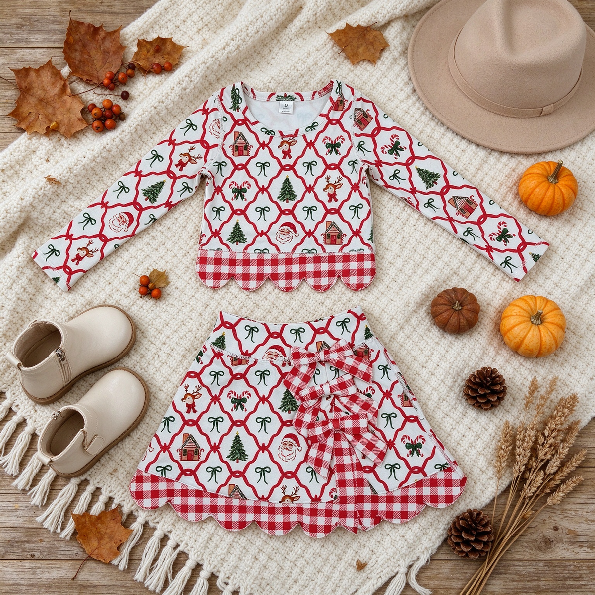 NEW RTS NO MOQ Yoga GLD1676 Baby Girls Gingerbread Bows Top Bows Skirt Short Christmas Yoga Active Scallop Clothes Set