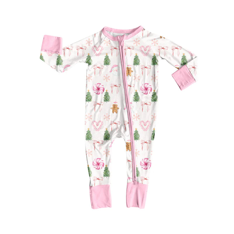 7.1Preorder (moq 5)Baby Girls Long Sleeves Pink Bows Gingerbread Trees Zipper Romper
