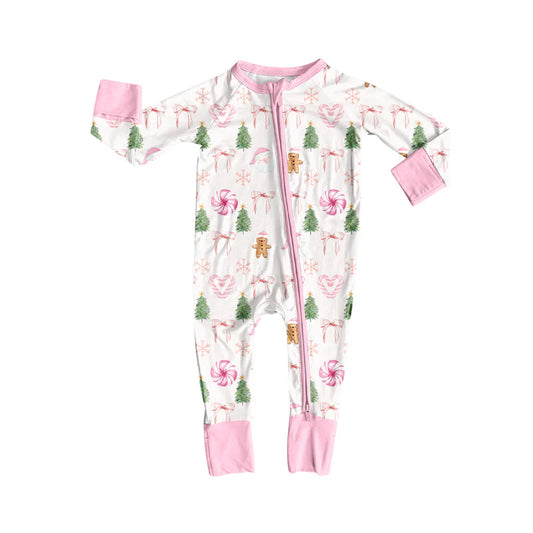 7.1Preorder (moq 5)Baby Girls Long Sleeves Pink Bows Gingerbread Trees Zipper Romper