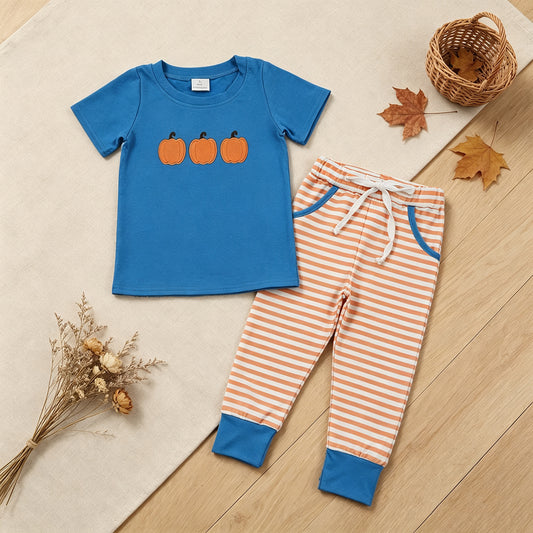 NEW RTS NO MOQ milk silk BSPO0693 Embroidery Baby Boys Fall Pumpkin Print  Pocket Long Sleeve Top Jogger Pants Outfit Daily Wear