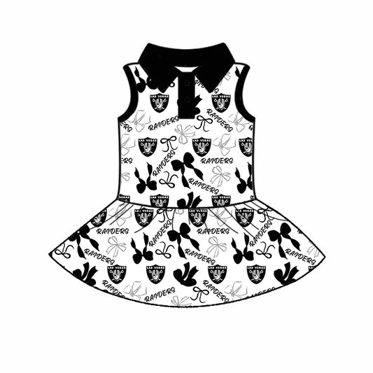 6.30Preorder (moq 5)Baby Girls Sleeveless Black Bows Plaid Raiders Button Team Knee Length Dresses