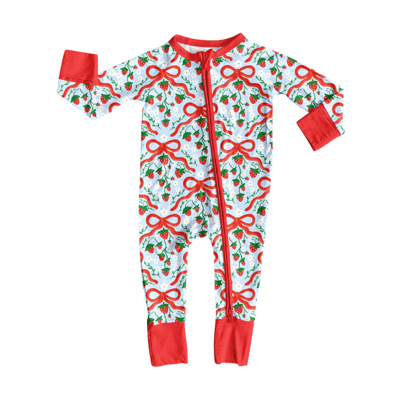 8.4Preorder(moq 5)Baby Infant Boys Red Bows Strawberry Plaid Zipper Rompers