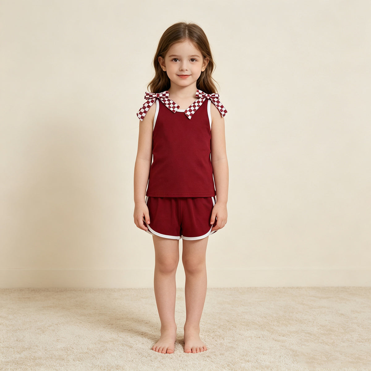 NEW RTS NO MOQ milk silk GSSO3859 Baby Girls Maroon Checked Bows Sleeveless Vest Pockets Short Clothes Sets