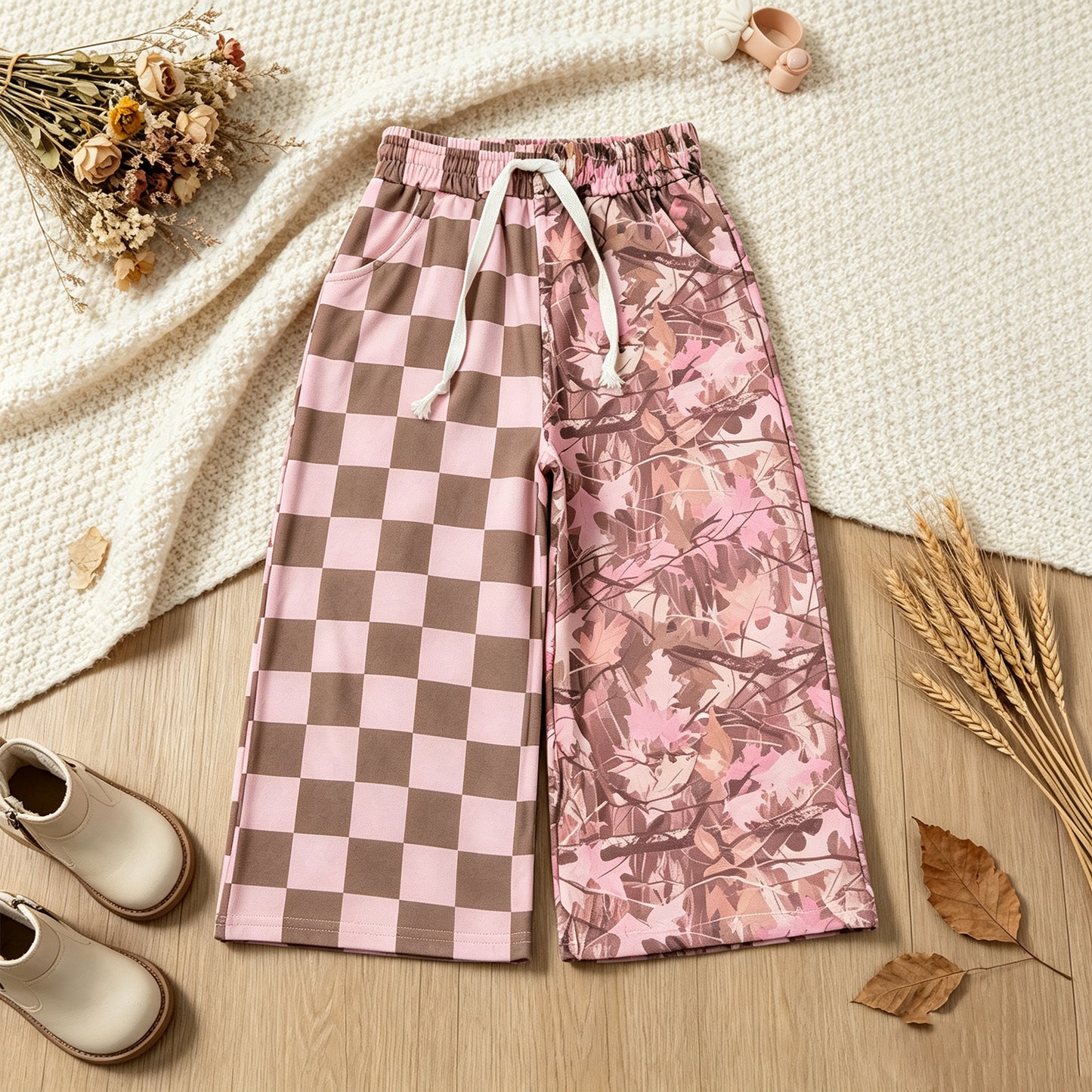 NEW RTS NO MOQ milk silk P1093 Baby Girls Pink Checked Leaves Pockets Flare Pants Bottom