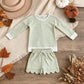 RTS NO MOQ yoga fabric GLS0154 Baby Girls Light Green Stripe Long Sleeve Top Pockets Scallop Short Yoga Active Clothes Set