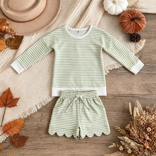 RTS NO MOQ yoga fabric GLS0154 Baby Girls Light Green Stripe Long Sleeve Top Pockets Scallop Short Yoga Active Clothes Set