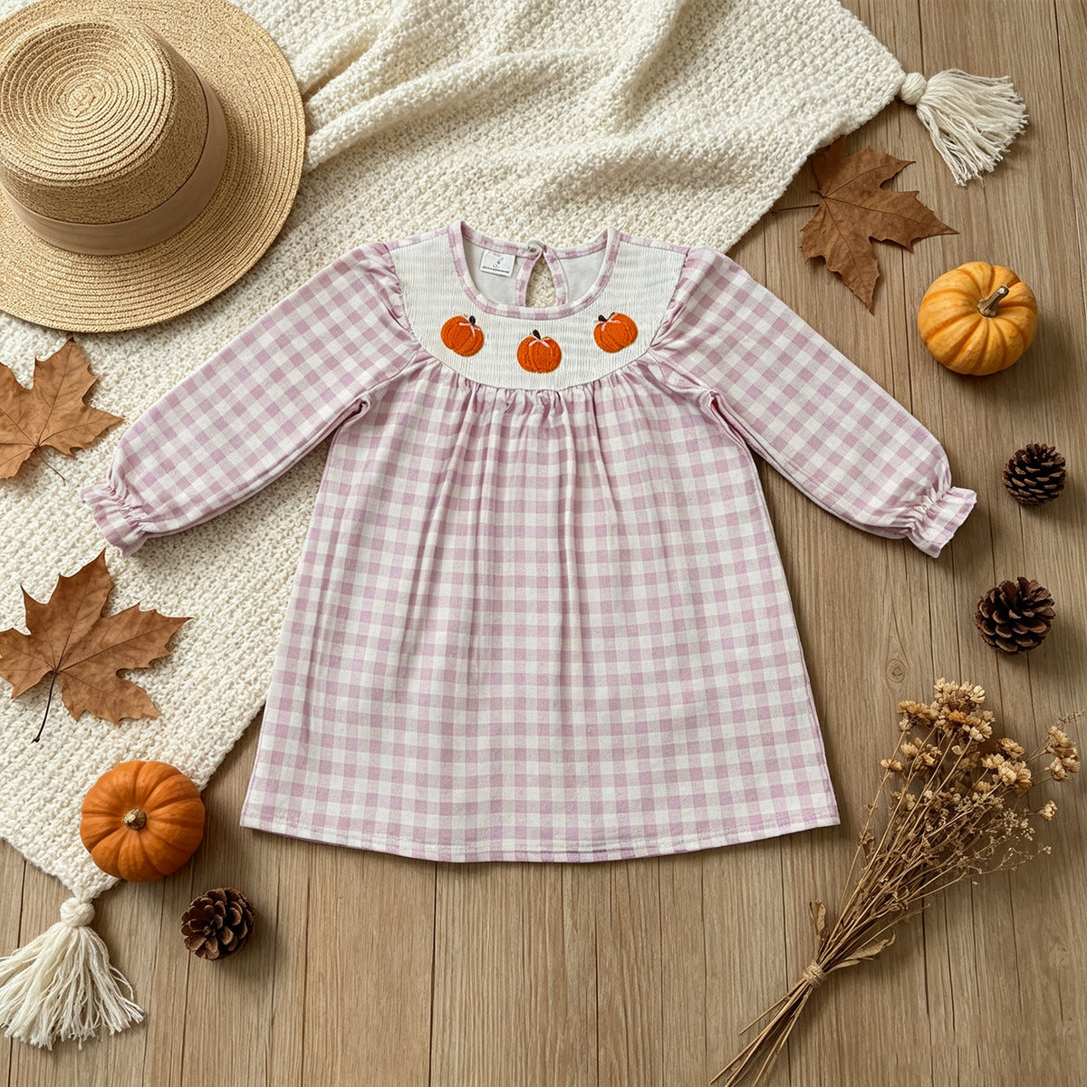 NEW RTS NO MOQ milk silk GLD1649 Smocked Pumpkins Baby Girls Pink Checked Fall Knee Length Dresses