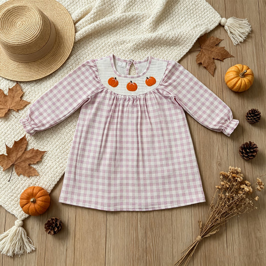 NEW RTS NO MOQ milk silk GLD1649 Smocked Pumpkins Baby Girls Pink Checked Fall Knee Length Dresses