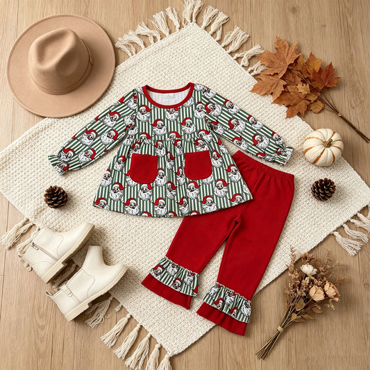 RTS NO MOQ milk silk GLP3454 Baby Girls Green Stripe Santa Pockets Tunic Ruffle Pant Christmas Clothes Set