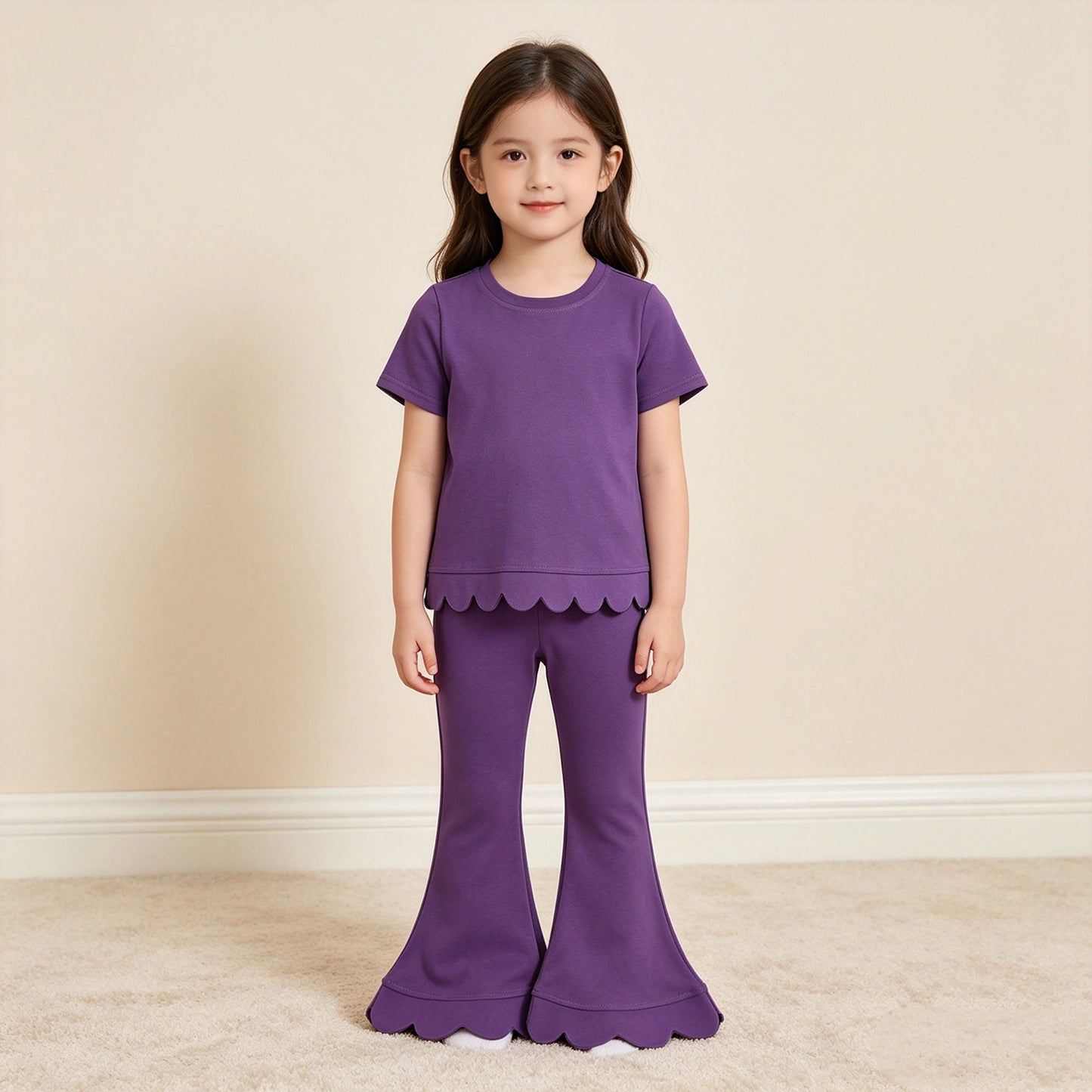 NEW RTS NO MOQ cotton GSPO2346 (GT1776+P1084) Baby Girls Purple Short Sleeve Shirts Top Flare Pant Scallop Clothes Sets